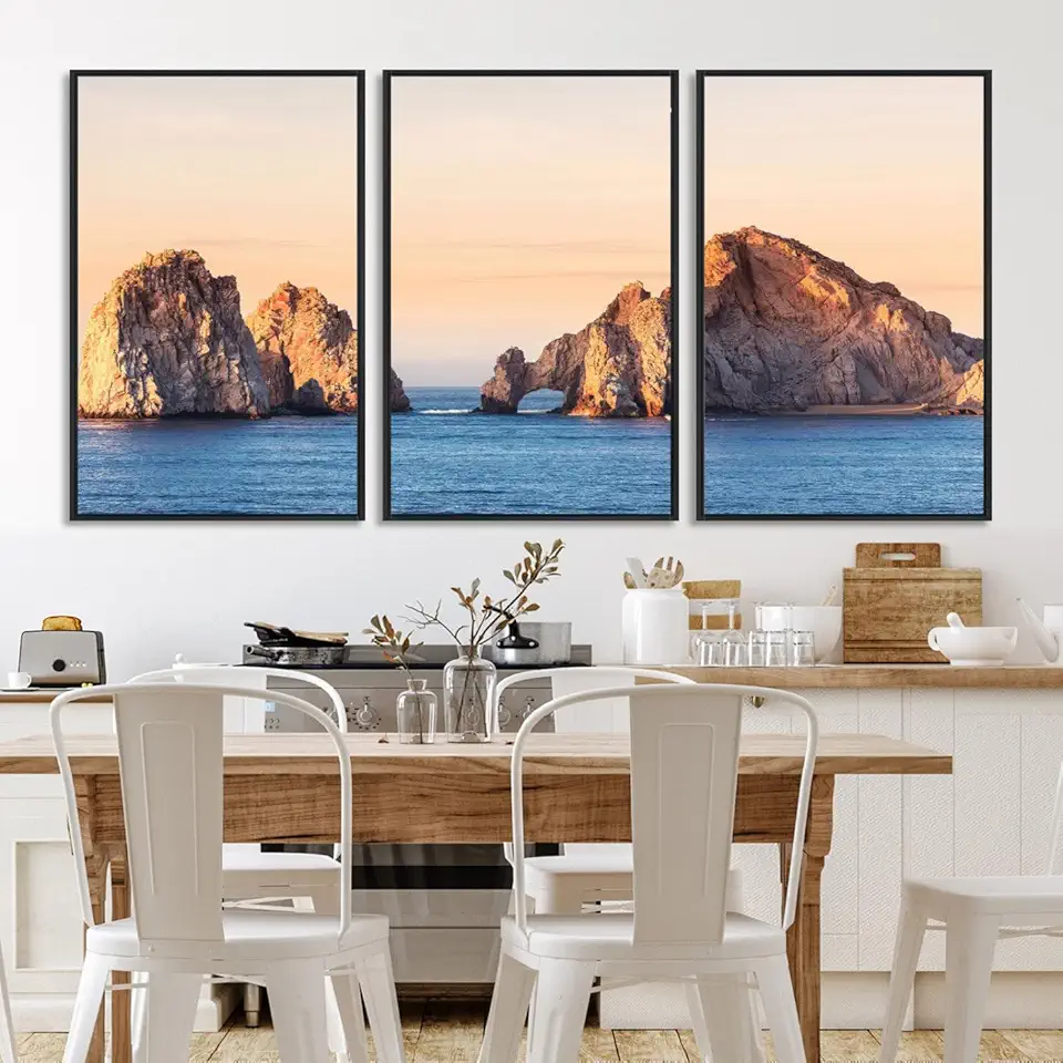 El Arco Wall Art Canvas Print, Framed Cabo Rocks Art Picture Print, Ocean Arch Perfect 3 Panel Floating Frame/Black / 90