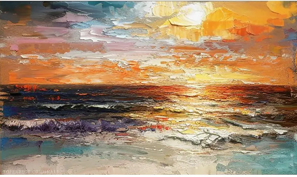 32 original marine home decor, ocean wall decor, beach painting waves in acrylic, colorful clouds artwork sunset, red orange art on canvas, hand painted marine paintings by college teachers 5