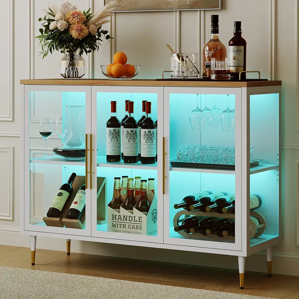 BECHEAO Glass Wine Bar Cabinet with LED Light, Metal Liquor Cabinet with Wine Rack and Glass Holder, Kitchen Buffet Sideboard with Adjustable Shelf Storage Table for Living Dining Room Entryway, White