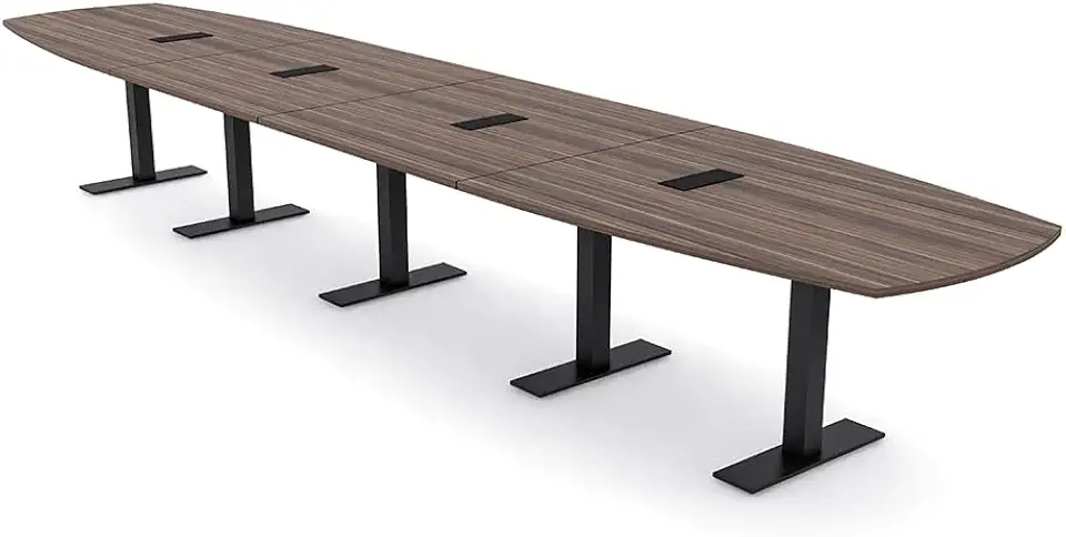 SKUTCHI DESIGNS INC. 20' Large Arc Boat Modular Conference Table with Data and Power | 20 Person Boardroom Table |Metal T Bases | Harmony Series | Natural Eucalyptus with Matte Black Base