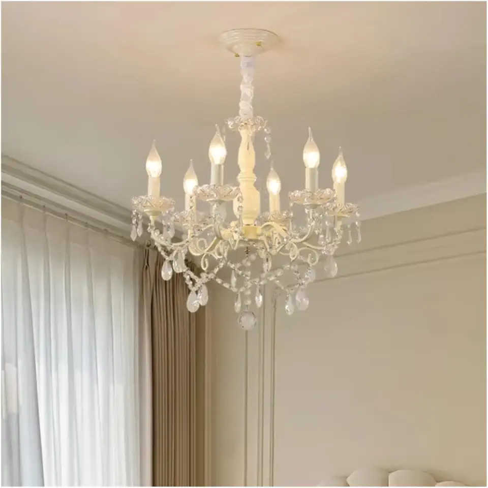 French Crystal Chandeliers Milky White Crystal Lamps Light Luxury Cream Style Dining Table Princess Room Girl Bedroom Chandelier,Aesthetic and Practical