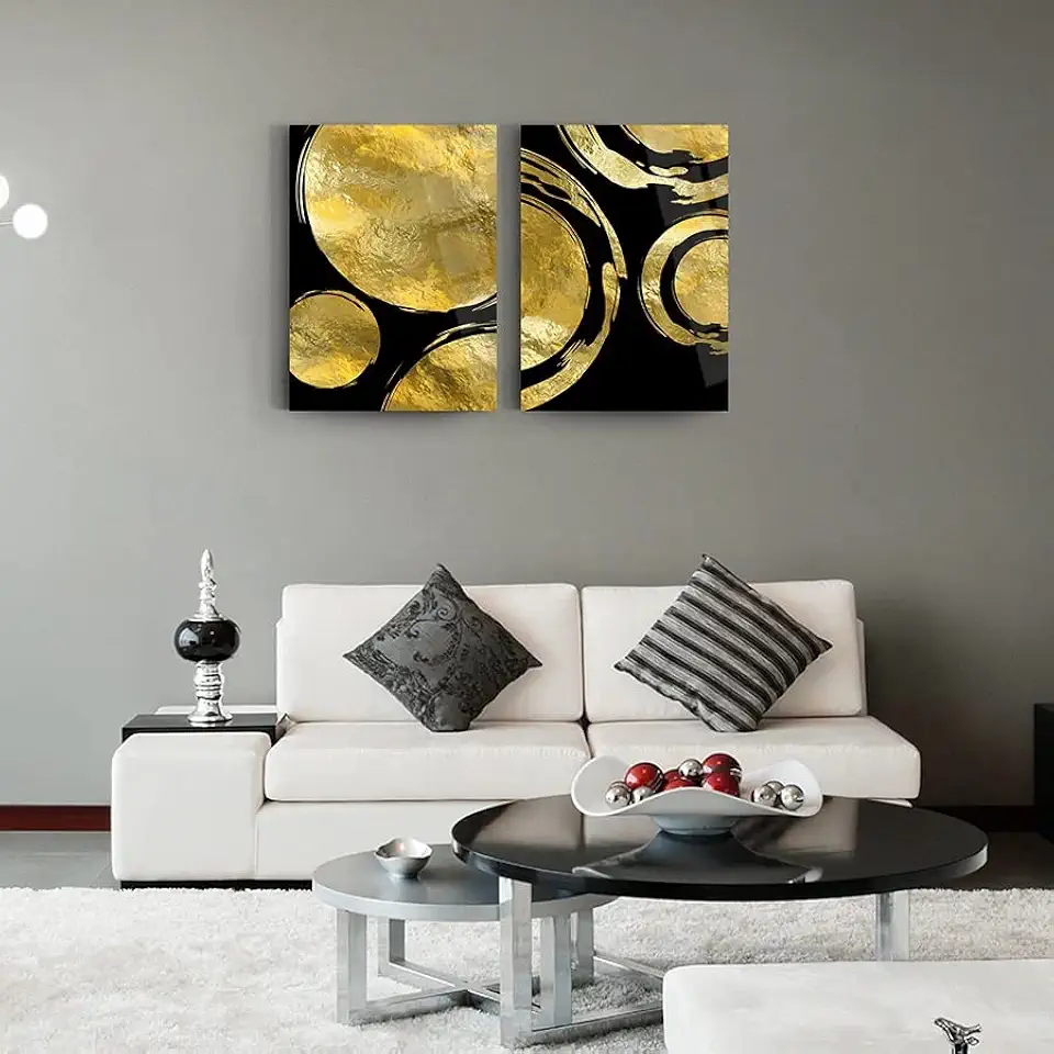 DEKADRON Golden Circles Set Of 2 Wall Decor, Glass Wall Art, Frameless Free Floating Tempered Glass Panel, Living Room Decoration (27.5”W x 39.3”H – 70x100cm Each Piece)