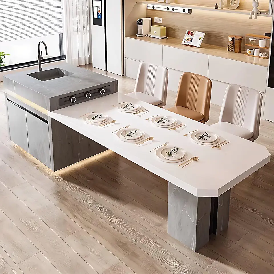 Kitchen Island - Kitchen Island with Extendable Dining Table Includes Diamond Shaped Modern Table&Metal Frame Visual Storage, Cabinets on Wheels for 2-8 Person(No Chair 101.57IN)