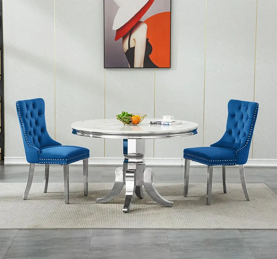 Henf 3 Piece Round Dining Table Set with 2 Chairs, 45'' White Faux Marble Kitchen Table and Chairs Set for 2, Heavy-Duty Stainless Steel Pedestal, White Round Dining Room Table Set for 2