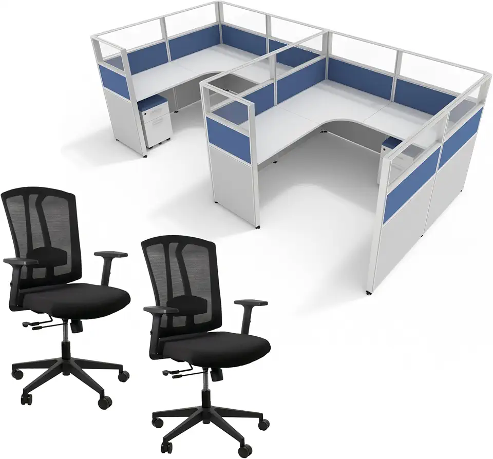 SUNLINE DIY Office Cubicle - Complete Cubicle Desk Kit with 7 Layouts and 2 Durable Ergonomic Chairs, Easy-Assembly Modular Office Kit with Sliding Panel, Wall Partitions and Mobile Storage - Blue