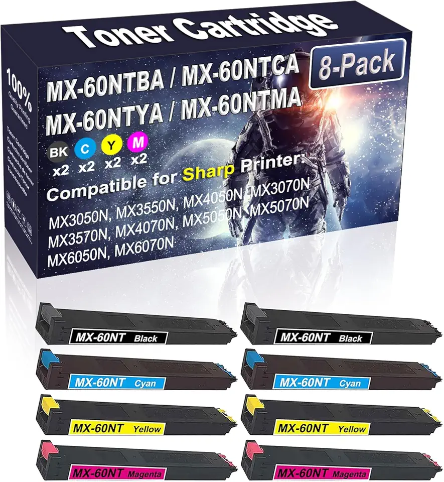8-Pack (2BK/2C/2Y/2M) Compatible High Capacity MX3050N MX3550N MX4050N MX3070N MX3570N MX4070N Printer Toner Container Replacement for Sharp MX-60NTBA MX-60NTCA MX-60NTYA MX-60NTMA Printer Cartridge
