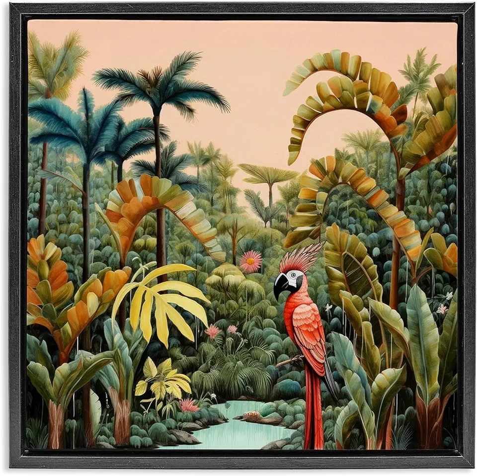 Stupell Industries Parrot in Tropical Vegetation Framed Floater Canvas Wall Art by Lazar Studio