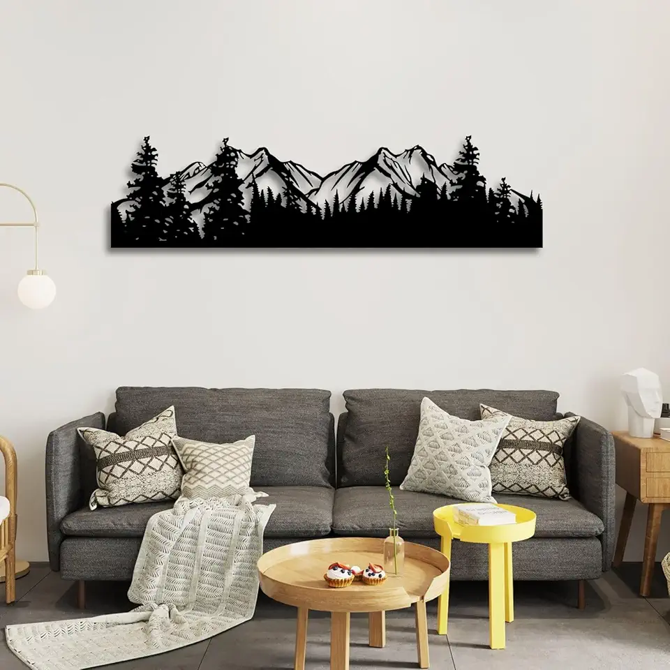 Metal Mountain Wall Art, Mountain Wall Decor, Forest Wall Art, Nature Metal Wall Decor, Wall Decorations for Living Room, Bedroom, Bathroom, Office (Black, 78.7x20.6inch/200x52cm)