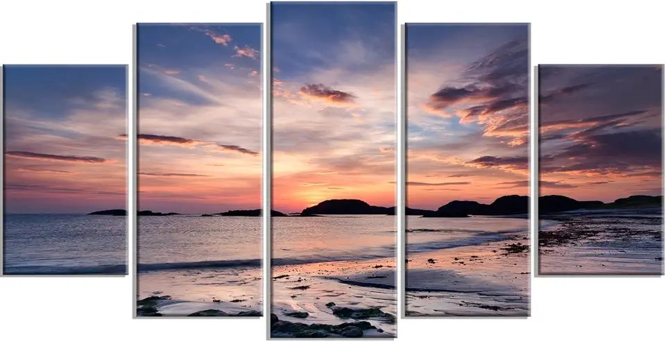 Design Art PT14772-60-32-5PD Dramatic Sky at Sunset on Isle of Iona-Modern Seashore Canvas Wall Art Print, 60x32-5 Panels Diamond Shape