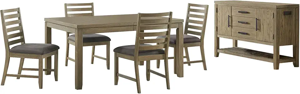 Sunset Trading Saunders 6PC Extendable Dining Table Set | Server Storage Drawers Cabinet Open Shelf USB Power Strip Charging Station | 4 Slat Back Chairs | Brown Acacia Wood