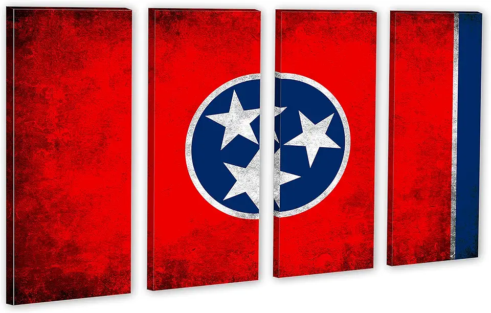 80 x 50 TOTAL - Tennessee State Flag Grunge Canvas Print Wall Art - 4 Panel Split. Home decor Flag Art