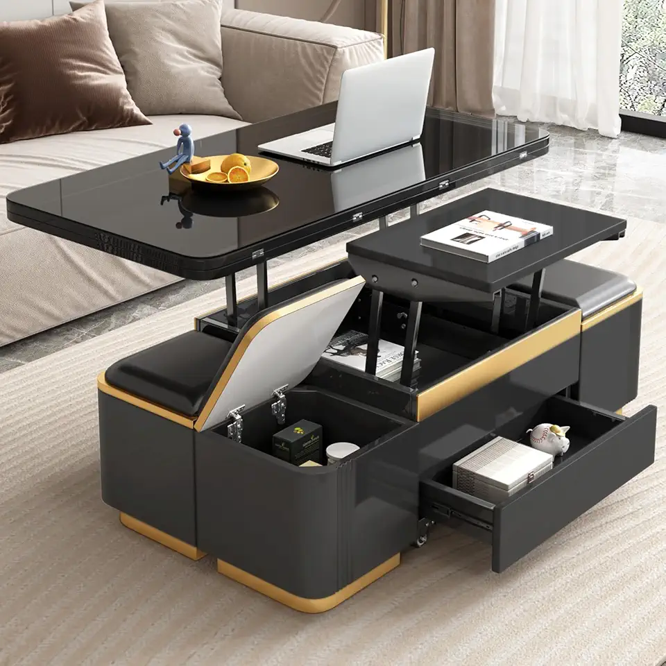 Lift-Top Coffee Table with Storage & 4 Stools, Multifunctional Convertible Coffee to Dining Table, Adjustable Height Rectangular Table with Drawers, Modern Space-Saving Design, Black