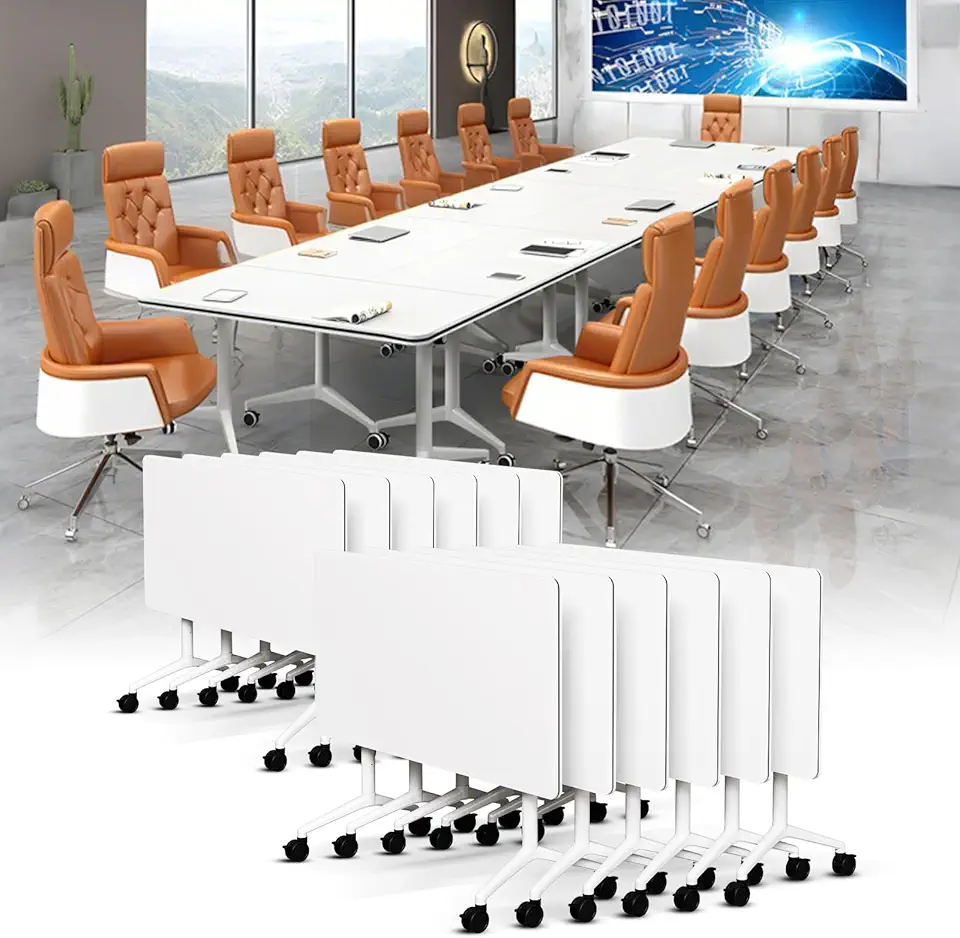 Conference Table White Folding Conference Room Tables,Bussiness Table with Flip Top Design, Mobile Training Meeting Tables Suitable 2-10 People for Office Meeting Room (12 61')