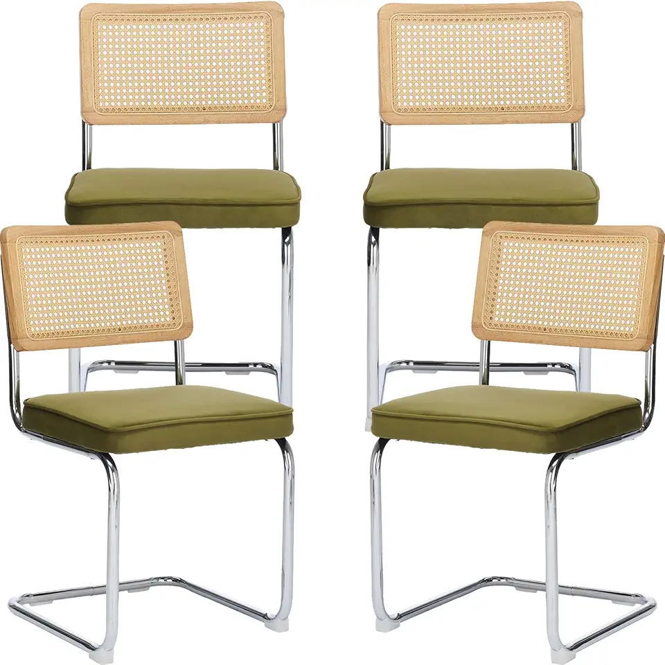 Olive Modern Rattan Dining Chairs Set of 4, Kitchen & Dining Room Chairs Set of 4, Sillas de Comedor, Velvet Fabric Upholstered, Cane Back, Chrome Metal Frame (Green, 4 Pcs)