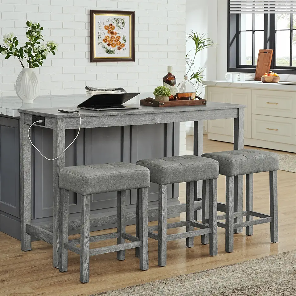 LUMISOL 4-Piece Dining Bar Table Set with 3 Upholstered Stools, Farmhouse Kitchen Bar Table Set with Power Outlet for Living Room, Dining Room, Kitchen, Grey