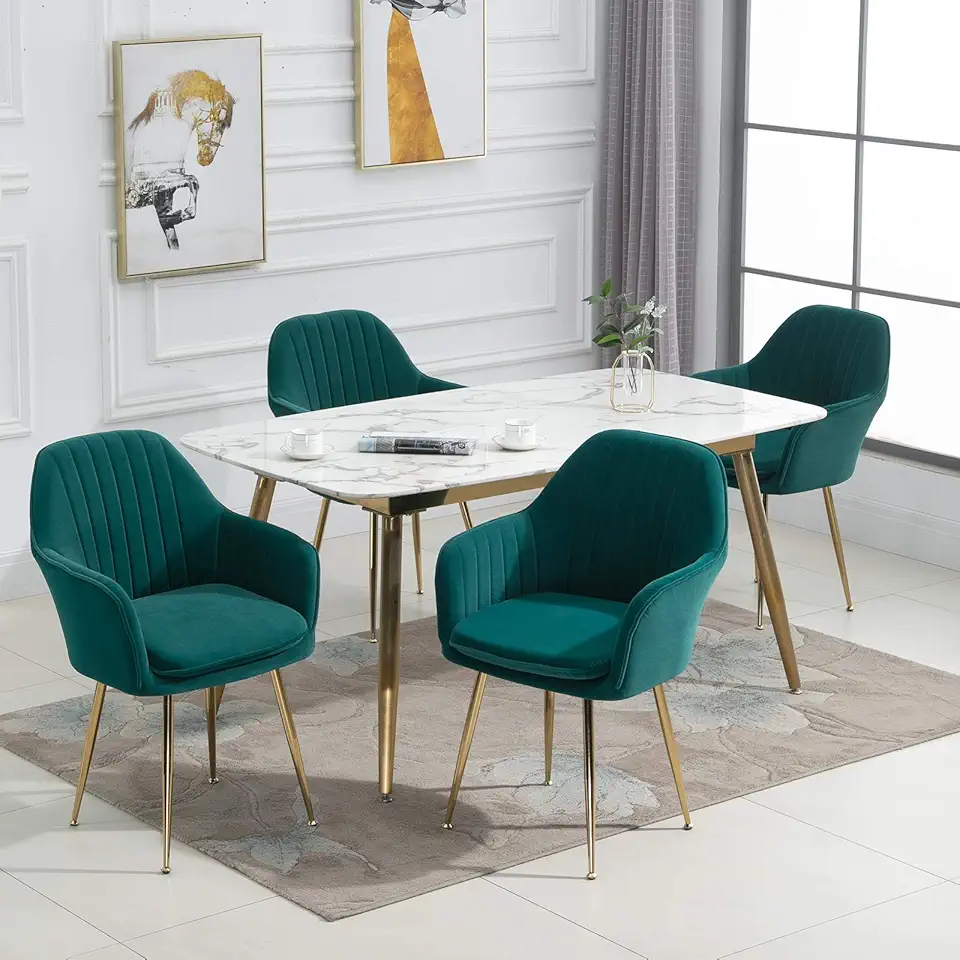 ECOTOUGE Modern Dining Chairs Set of 4, Upholstered Dining Room Chairs with Golden Metal Legs, Matte Velvet Kitchen Chairs for Dining Table, Accent Chairs for Living Room, Emerald Green