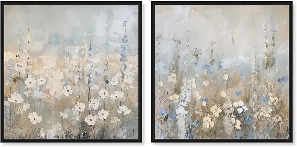 Neutral Tranquility Botanicals 2 Panel Set Canvas Print Floral Wall Art by Art Remedy, Black Frame, 40 x 40