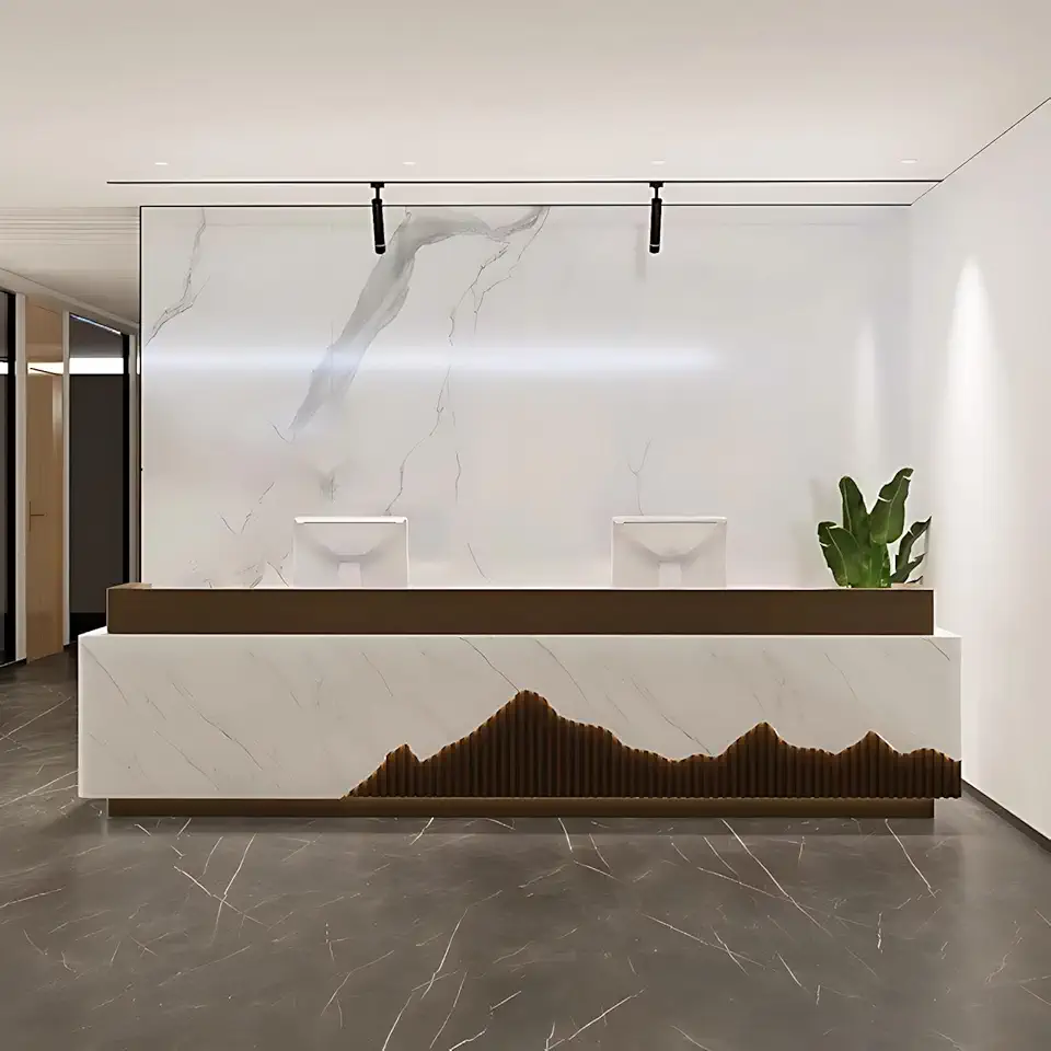 Reception Desk with – Front Desk Reception Counter with Lighting, Customizable Logo, Durable Wood Retail Counter for Office, Soft Close Drawers, No Installation Required (B,128IN)