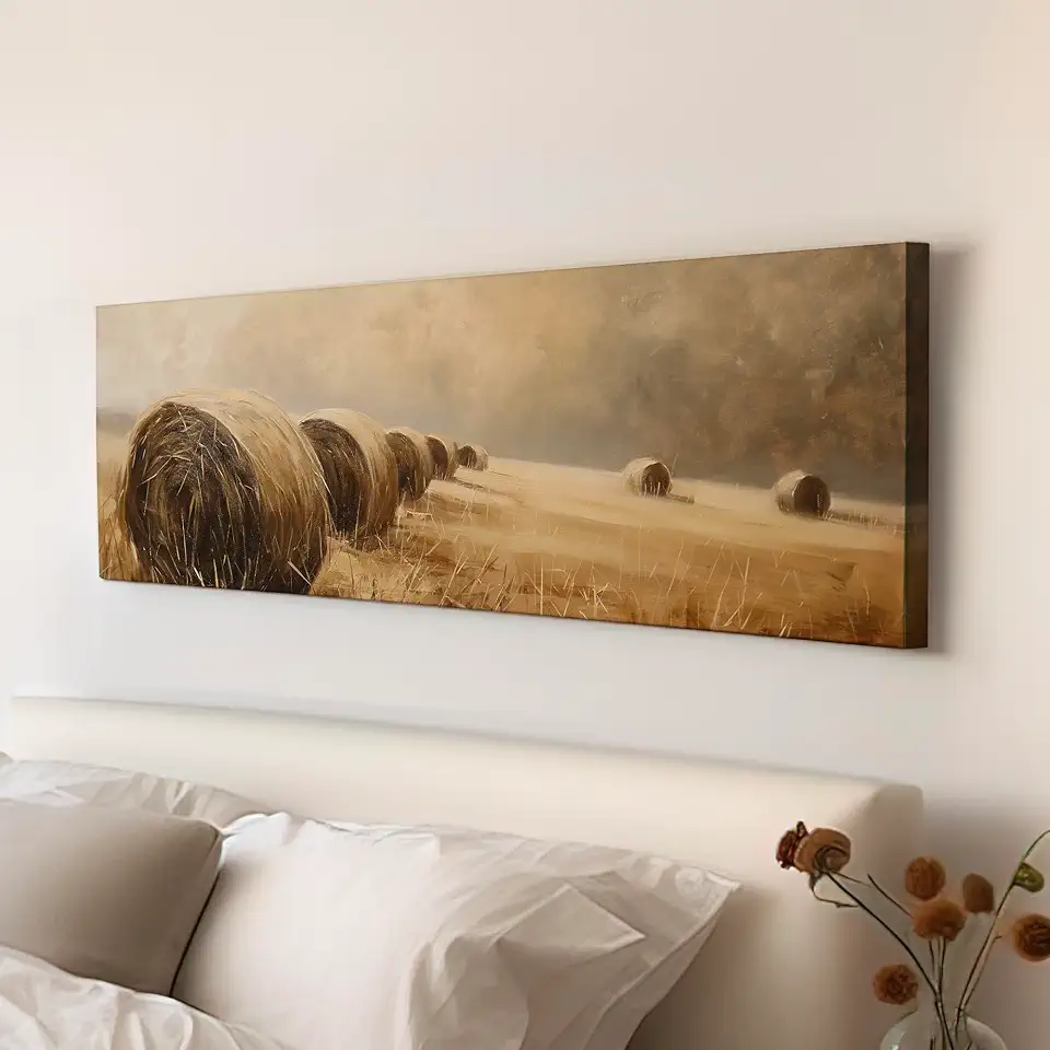My Sweet Hideout Hay Bales Above Bed Wall Art Countryside, Panoramic Farmhouse Canvas Print, Wheat Field Long Horizontal Canvas Art 30x90