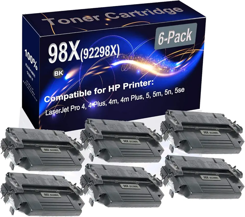 6-Pack (Black) Compatible 4, 4 Plus, 4m, 4m Plus, 5, 5m, 5n Laser Printer Cartridge (High Capacity) Replacement for HP 98X (92298X) Printer Cartridge