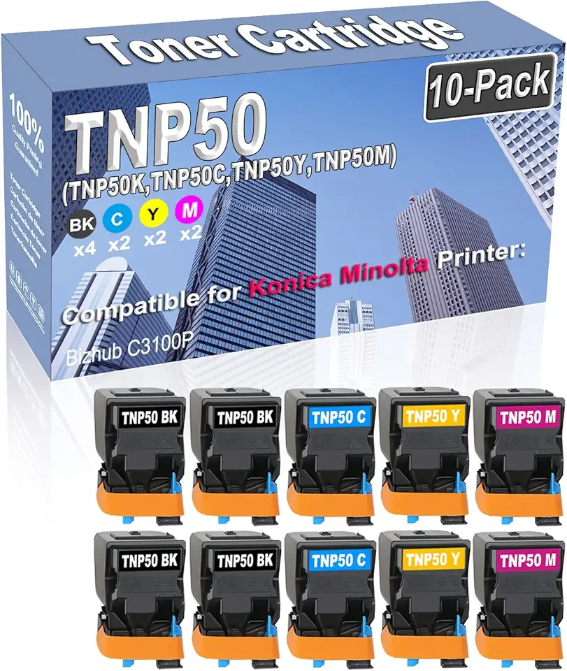 10-Pack (4BK/2C/2Y/2M) Compatible High Capacity TNP50 TNP-50 (TNP50K TNP50C TNP50Y TNP50M) Color Toner Cartridge use for Konica Minolta Bizhub C3100P Printer