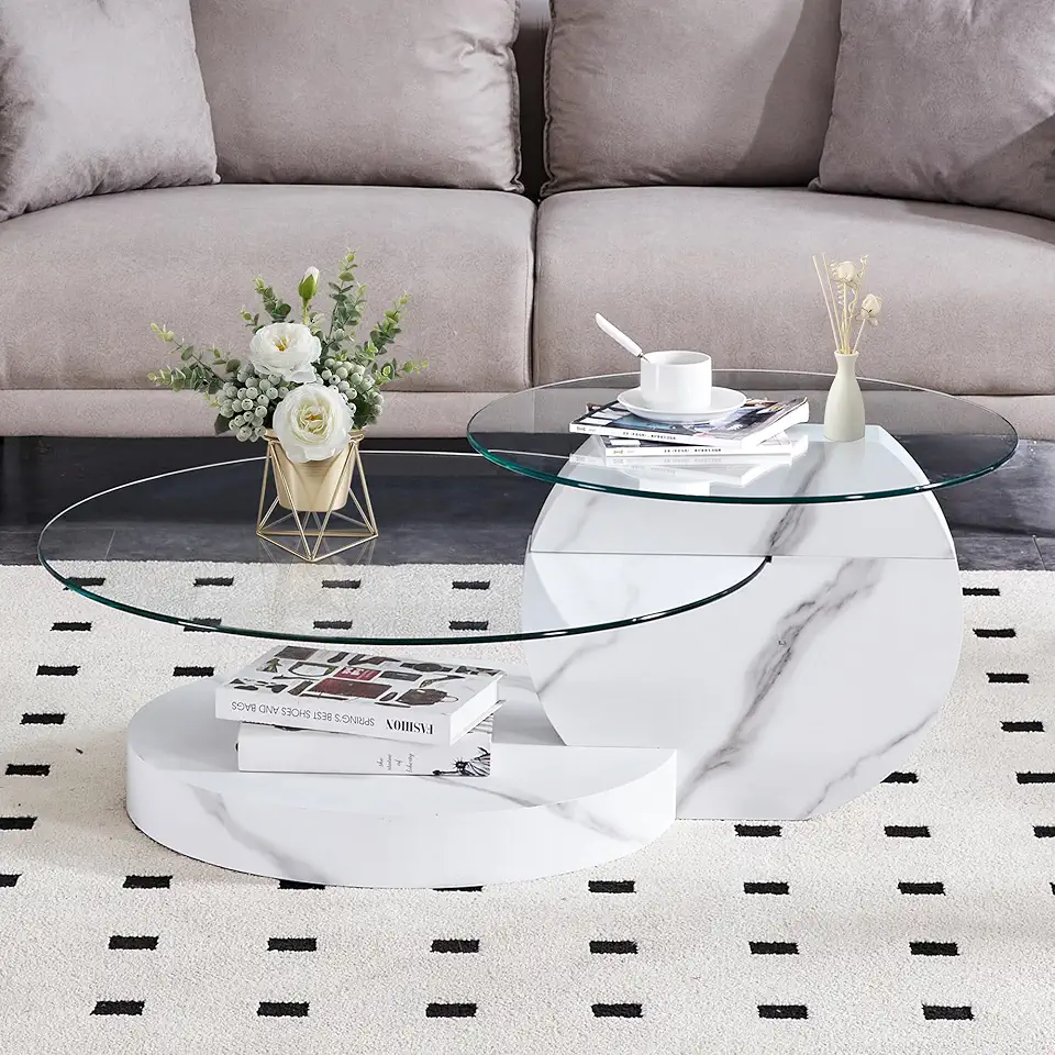 Glass Coffee Tables for Living Room Round Coffee Tables Modern Double Layer Round Table Circle Coffee Table for Small Space Home Office (42 Inch White)