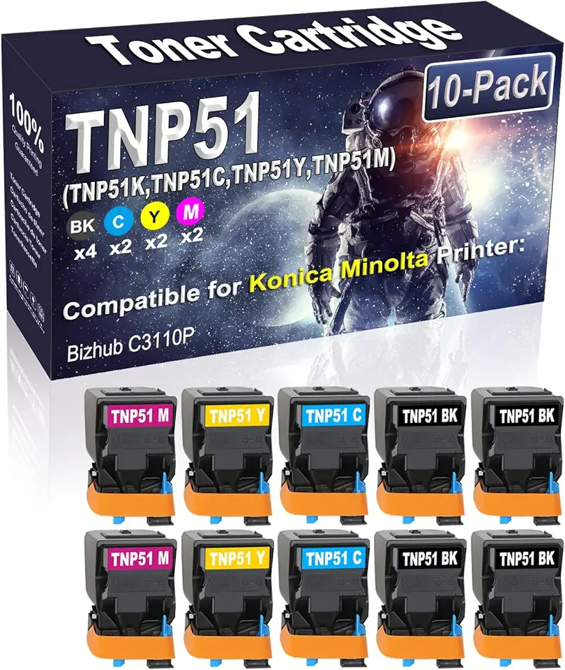 10-Pack (4BK/2C/2Y/2M) Compatible TNP51 TNP-51 (TNP51K TNP51C TNP51Y TNP51M) Laser Toner Cartridge Replacement for Konica Minolta Bizhub C3110P Printer