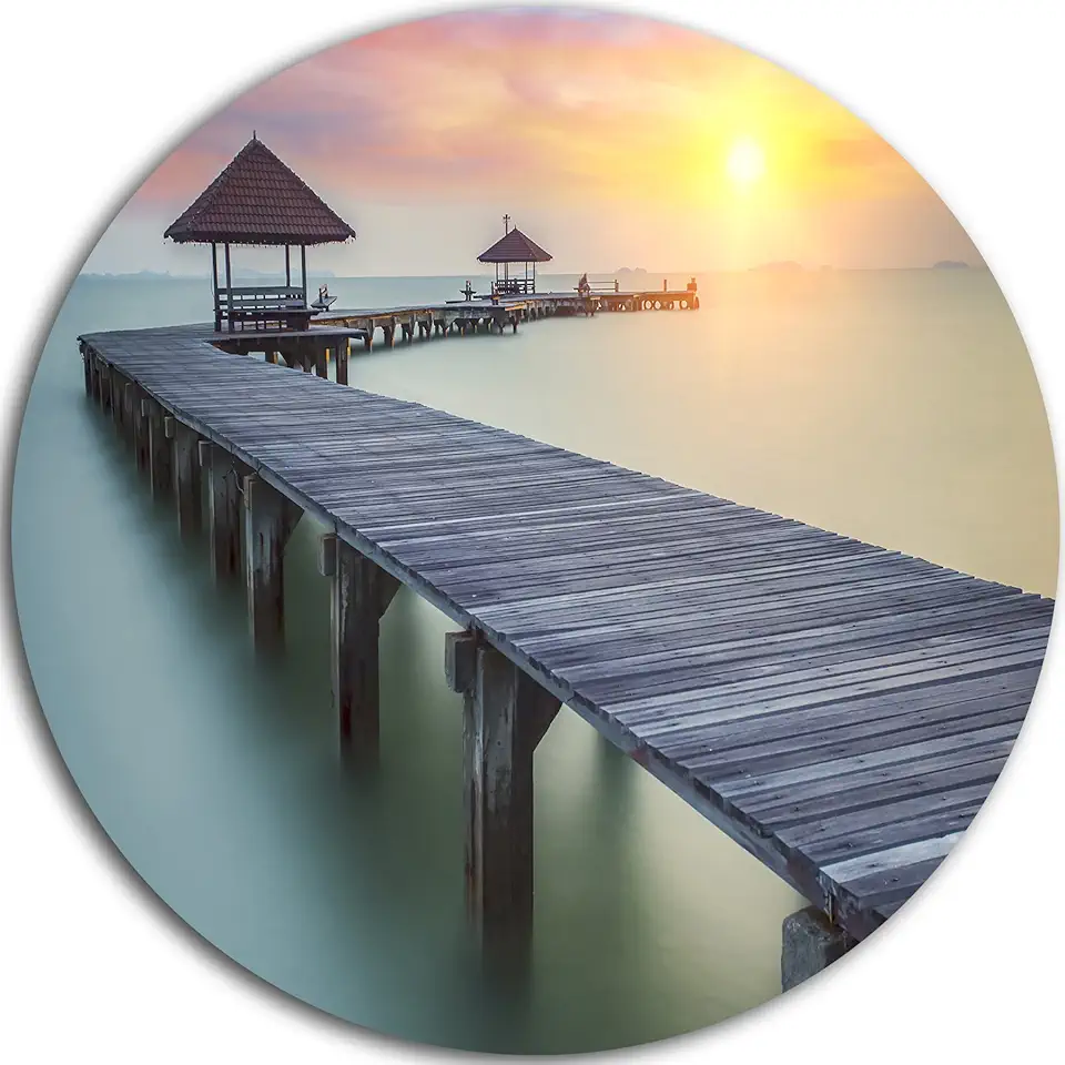 Designart Wooden Sea Bridge and Sunset-Seashore Photo Large Metal Wall Art-Disc of 23, 23'' H x 23'' W x 1'' D 1P, Blue