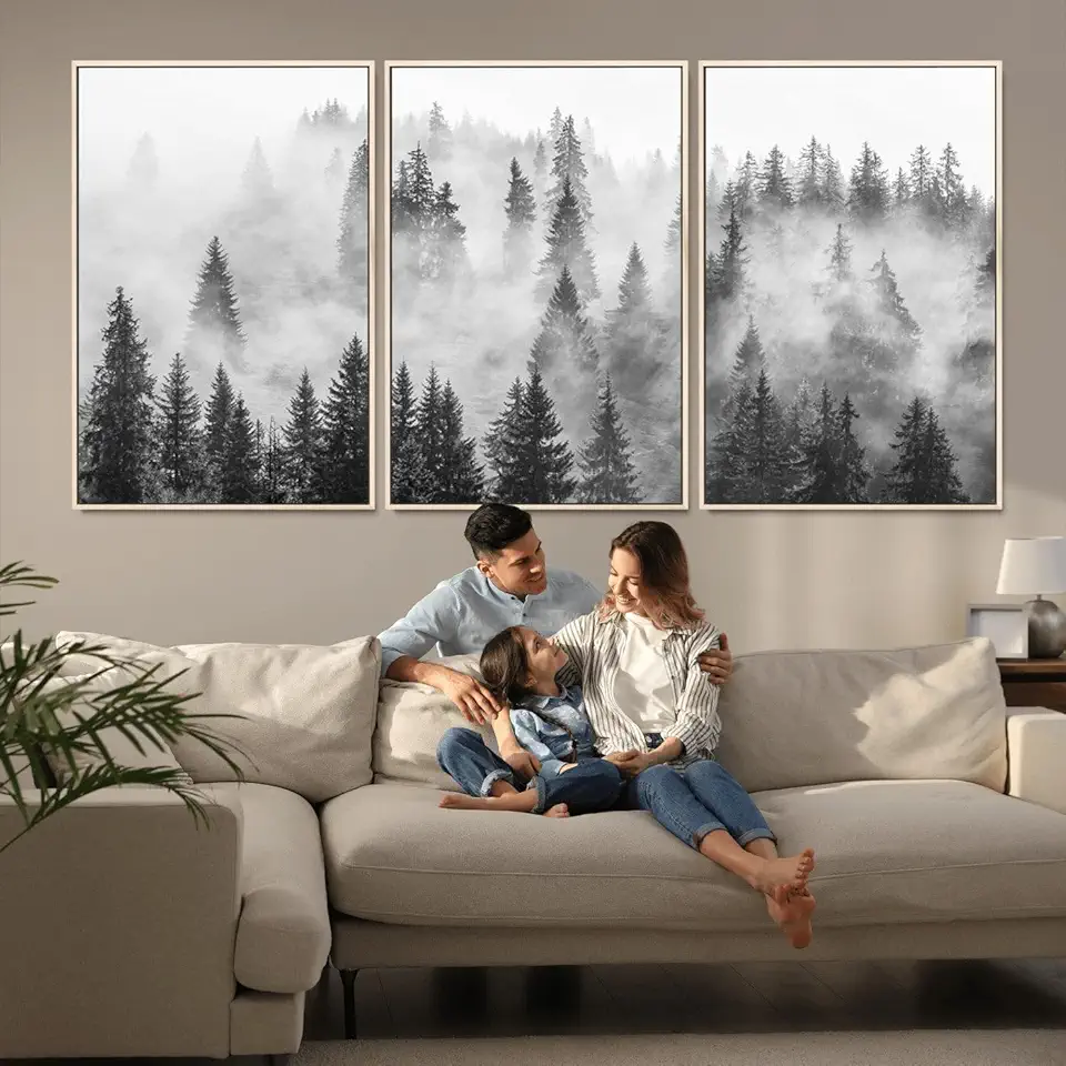 Sami Eymur Forest Wall Art Print | Foggy Pine Forest Canvas Wall Art - Black and White Nature Decor for Living 3 Panel Floating Frame/Natural / 90