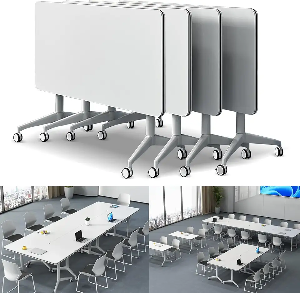 Folding Conference Table Set of 4 - Modern Mobile Meeting Table with 360° Silent Wheels, Flip-Top Design, Large Training Seminar Table for Office, Classroom, Conference Room, 47.2
