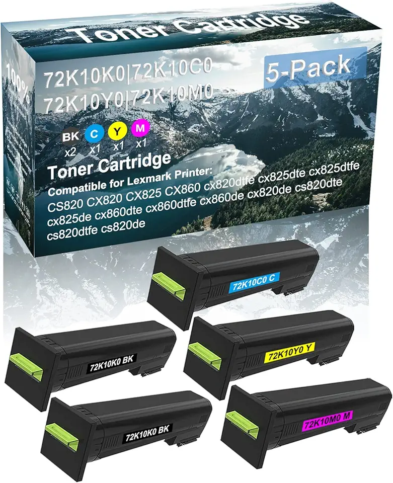 5 Pack (BK+C+Y+M) Compatible High Capacity Printer Toner Cartridge Replacement for 72K10K0 72K10C0 72K10Y0 72K10M0 Laser Toner Cartridge use for cx825dtfe cx825de cx860de Printer