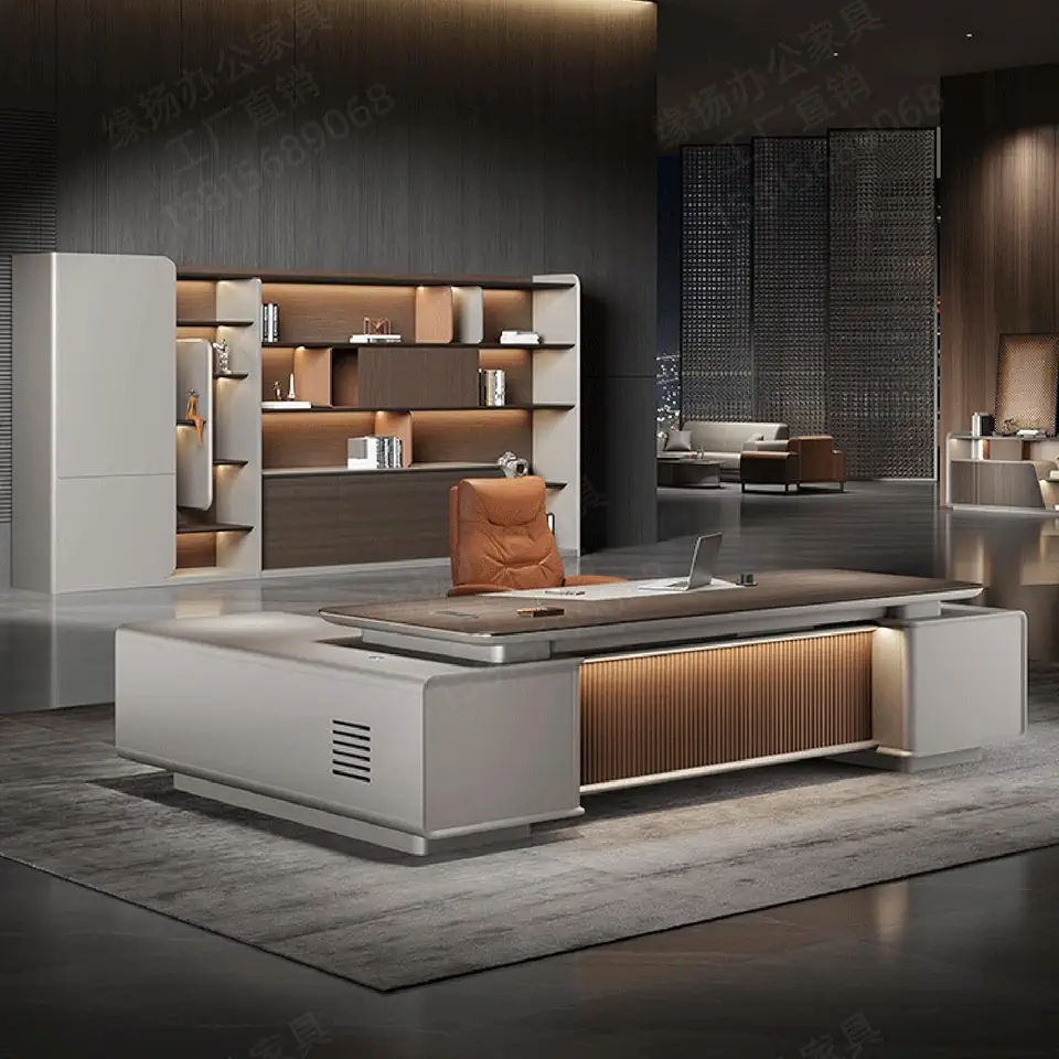 Executive Desk Rectangular L Shaped Desk Writing Study Desk Computer Desk for Home Office with Storage Cabinets, 2.2m