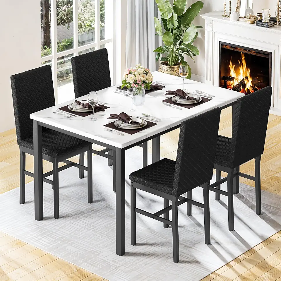 Hooseng Dining Room Table Set for 4 Faux Marble 5 Piece Dining Table with 4 Modern Upholstered PU Leather Chairs for Small Space, Home Kitchen, Apartment,Black