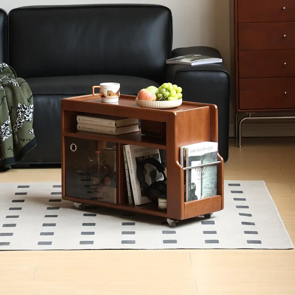 Solid Wood Side Table with Wheels, Narrow Side Table with Storage, Rolling Bedside Table for Bedroom Living Room Dining Room(Teak, 27.95