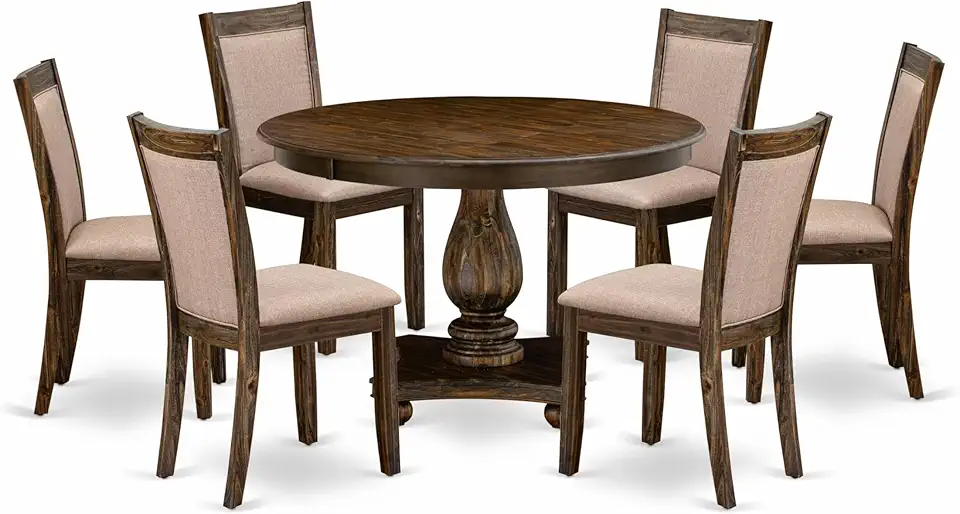 East West Furniture F2MZ7-716 7 Piece Dining Set Consist of a Round Dining Room Table with Pedestal and 6 Dark Khaki Linen Fabric Upholstered Chairs, 48x48 Inch, Distressed Jacobean