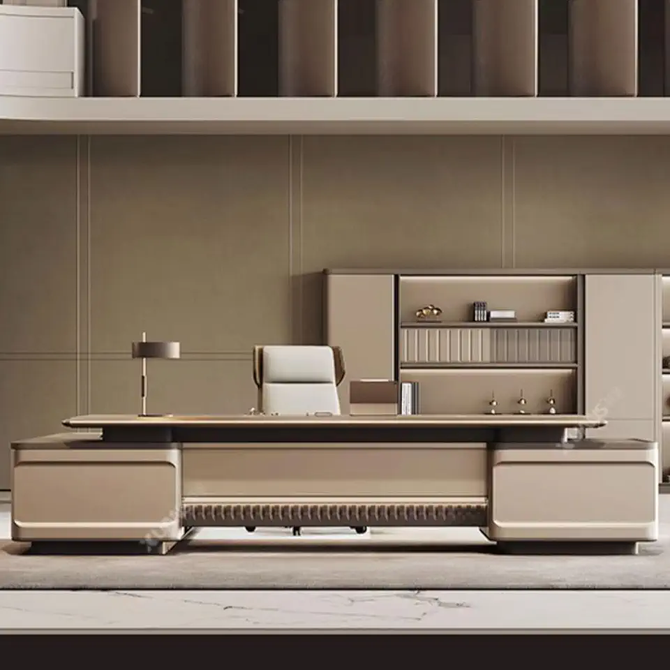 YZABEL Modern 94 inch Solid Wood Office Desk with Lateral Cabinet, L Shaped Business Boss President Big Desk for CEO Boss, Writing Study Table Furniture Set Workstation