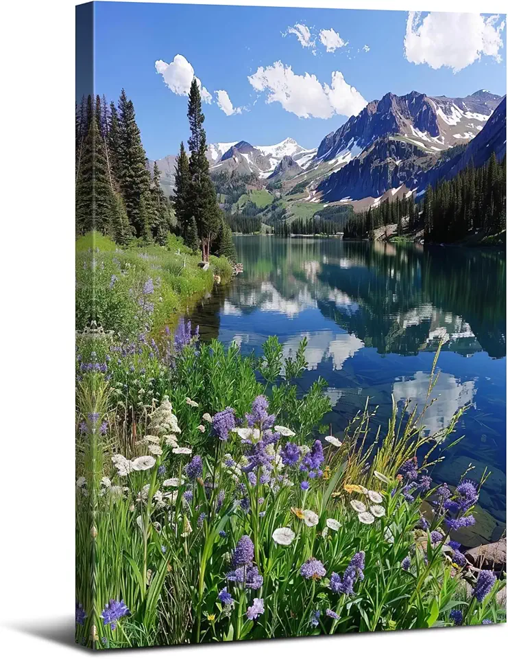 Mountain Wall Art for Living Room Nature Forest Wall Decor Colorado Mountains Pictures Pine Trees Flower Lake Landscape Canvas Prints Rocky Mountain National Park Poster Bedroom Home Decoration 32x48