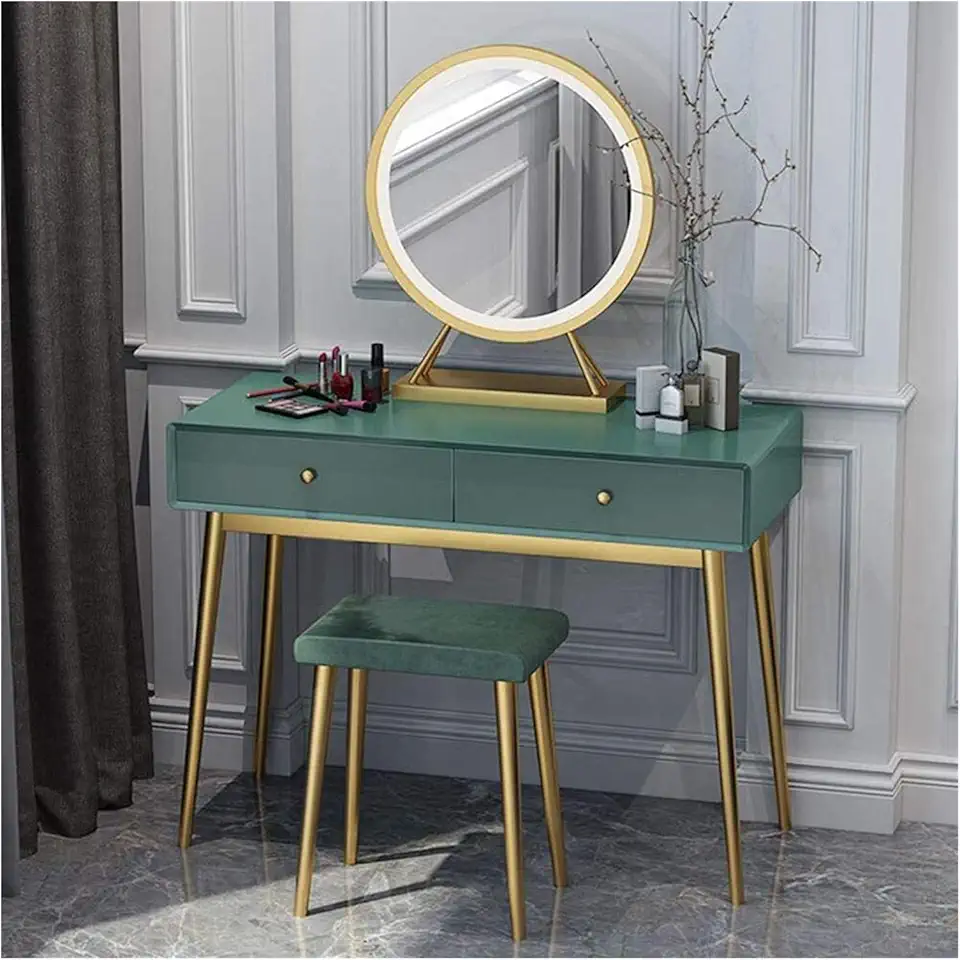 3 Color Lighting Modes, Cushioned Stool, Vanity Set with Touch Screen Dimming Mirror, Makeup Dressing Table for Women Girls (Color : Gray, Size : 100x40 (Dark Green 120x40x75cm)