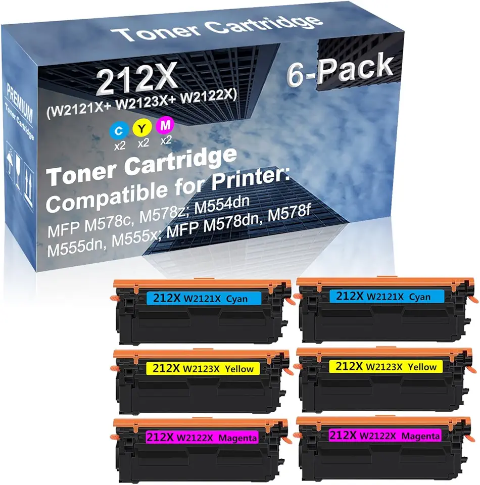 6-Pack (2C+2Y+2M) Compatible High Capacity 212X (W2121X+ W2123X+ W2122X) Toner Cartridge Used for MFP M578c, M578z; M554dn, M555dn, M555x; MFP M578dn, M578f Printer (with Chip)