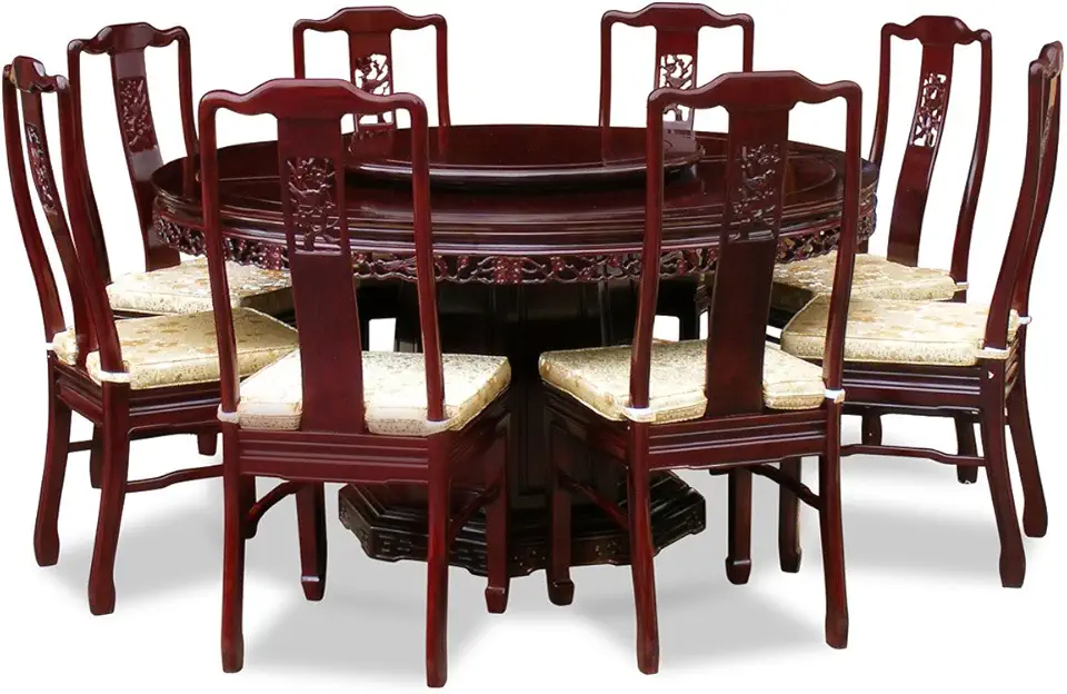 ChinaFurnitureOnline Rosewood Asian Dining Table 8 Chairs, 60 Inch Round Bird Flower Dark Cherry