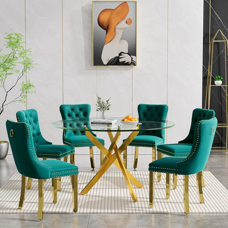 Henf 7 Piece Glass Round Dining Table Set for 6, 47.25