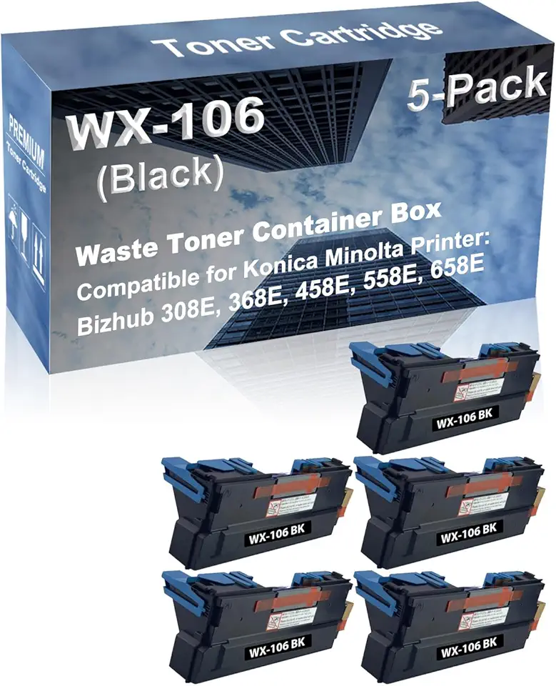 5-Pack Compatible High Yield Bizhub 308E, 368E, 458E, 558E, 658E Printer Waste Toner Container Box Replacement for Konica Minolta WX-106, AAJ50Y1, AAJ5WY1 Toner Cartridge (Black)