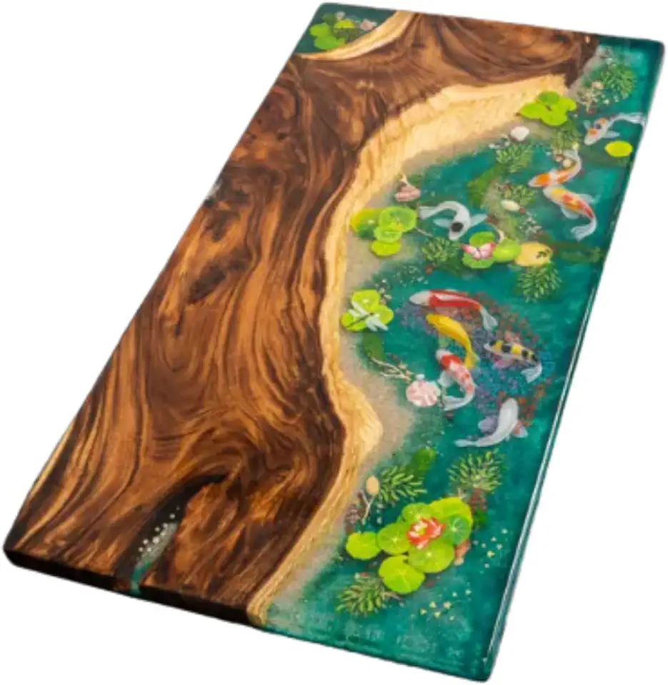 Customized Live Edge Resin Epoxy Table, Fish and Lotus Table, Personalized Table, Luxury Coffee Desk, Kitchen Table, River Flower Table, Round Table, Unique Home Gift, Japan Art (40x80 inch.)