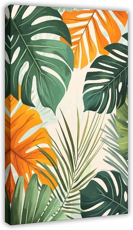 Abstract Geometric Tropical Leaves Poster, Minimalist Modern Plant Art Print, Fresh Green And Orange Wall Decoration Canvas Poster Wall Art Decor Print Picture Paintings for Living Room Bedroom Decora
