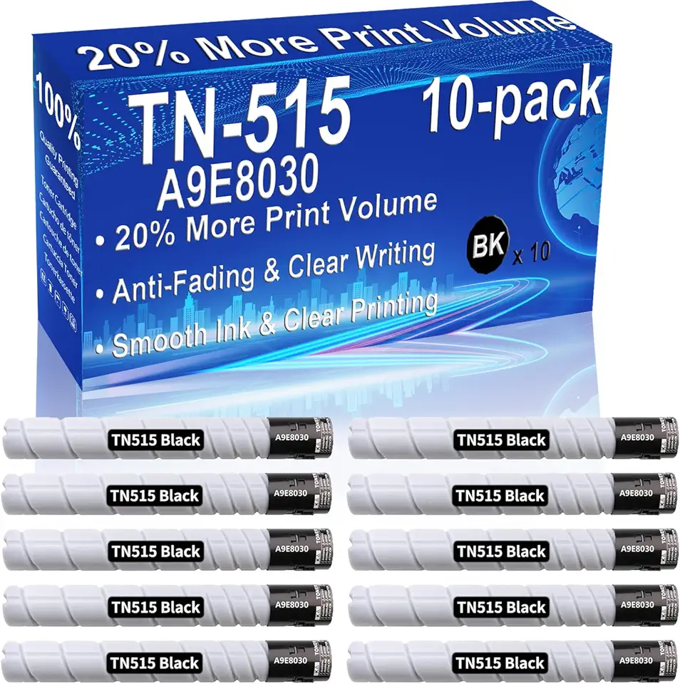 10-Pack (Black) Compatible High Yield TN515 TN-515 Imaging Toner Cartridge use for Minolta Bizhub 458 558 Printer