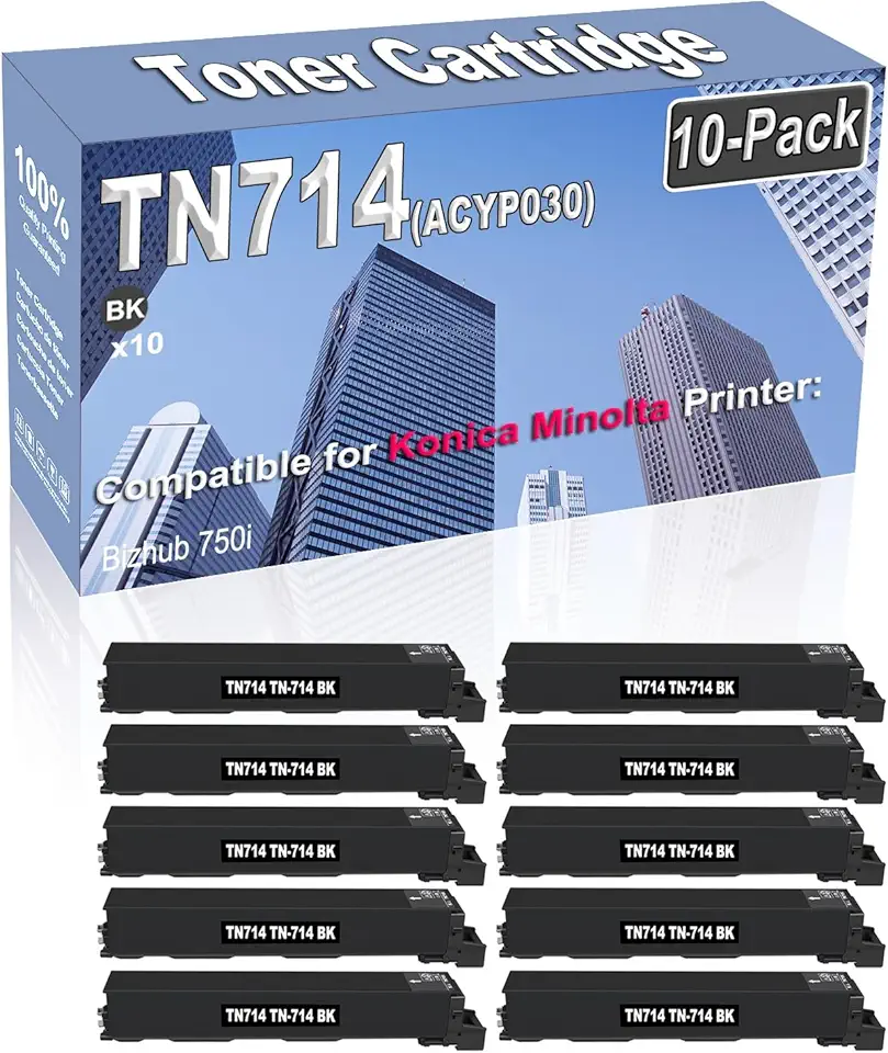10-Pack (Black) Compatible High Capacity TN714 TN714K TN-714 (ACYP030) Toner Cartridge Used for Konica Minolta Bizhub 750i Printer