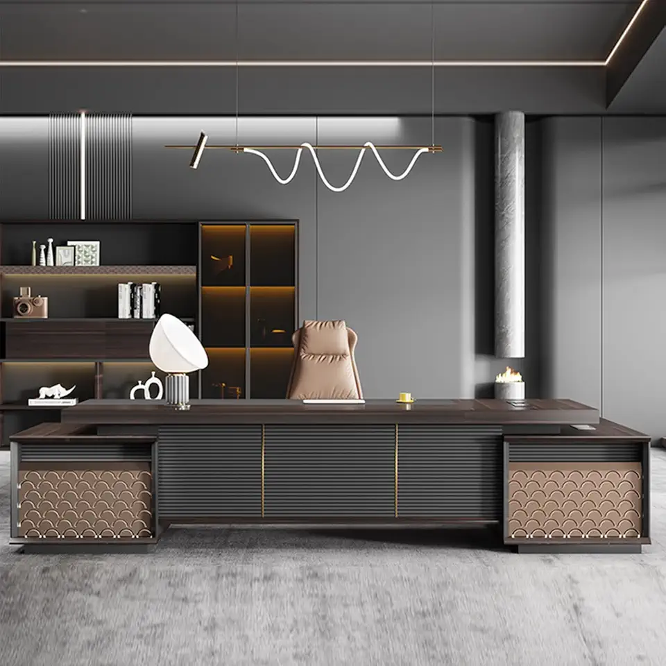 Modern Business L Shaped Computer Desk Executive Office Desk with File Drawers Writing Study Table Business Furniture Set for CEO Boss