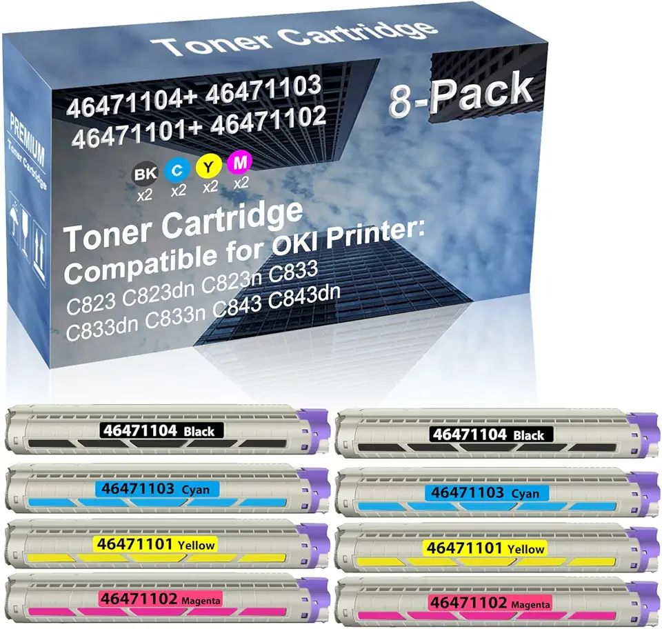 8-Pack (2BK+2C+2Y+2M) Compatible C823 C823dn C823n C833 C833dn C833n C843 C843dn Printer Toner Cartridge High Capacity Replacement for 46471104+ 46471103+ 46471101+ 46471102 Toner Cartridge