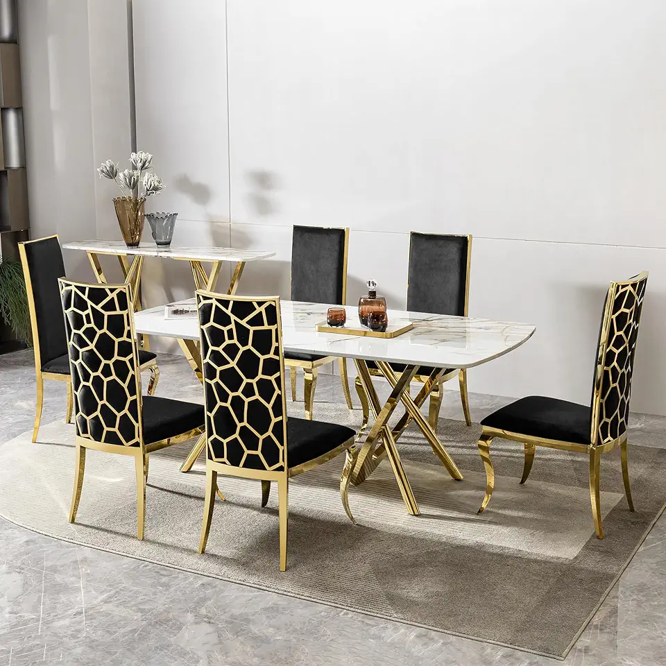 Set of 6, Marble Pattern Dining Table Mirror Gold Stainless Steel Base, Rectangular Table with 6 Chairs UX466