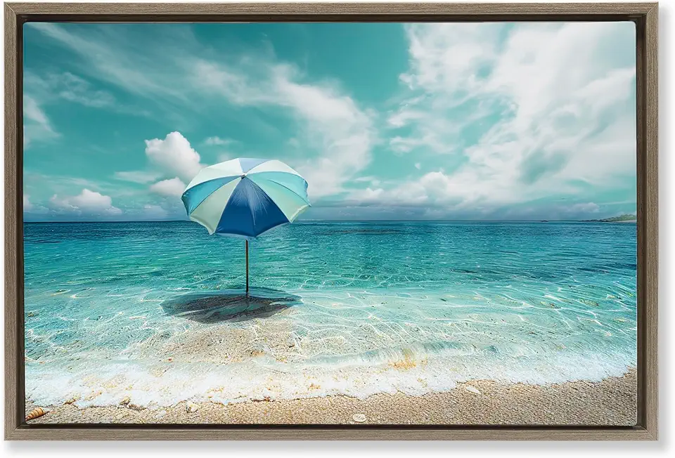 Stupell Industries Beach Umbrella in Shoreline Brown Framed Floater Canvas Wall Art Design by CAD Designs, 25 x 17